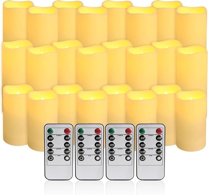 Set of 24 Flameless Led Battery Opeated (D2.2'' x H4''5''6'') Waterproof Outdoor Indoor Candles with 10-Key Remotes and Cycling 24 Hours Timer