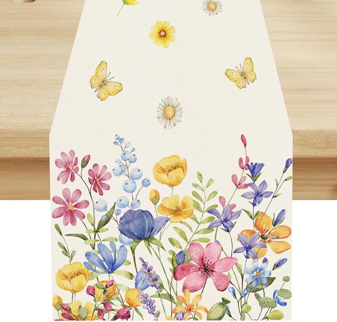 Flower Table Runner, Colorful Watercolor Pink Flower Plants Nature Butterfly Table Runner for Kitchen Dinner Living Room Home Party, 13x108 Inch