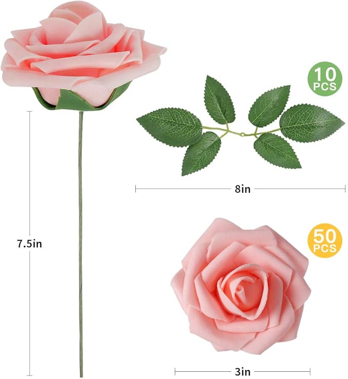 Artificial Flowers, 50 Pink Foam Roses with Wire Stems, 3-Inch Heads
