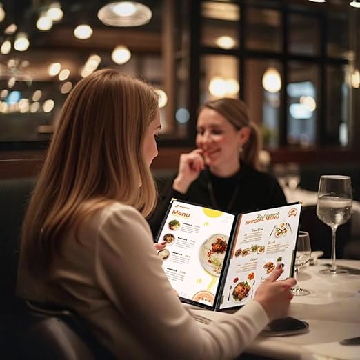 Goodsmart Restaurant Menu Covers – 25 Pack Black 6-View Booklet 8.5" x 14", Side-Loading Vinyl & Plastic Menu Holders, Clear Menu Sleeves, Leather-Style Café Covers with Gold Corners