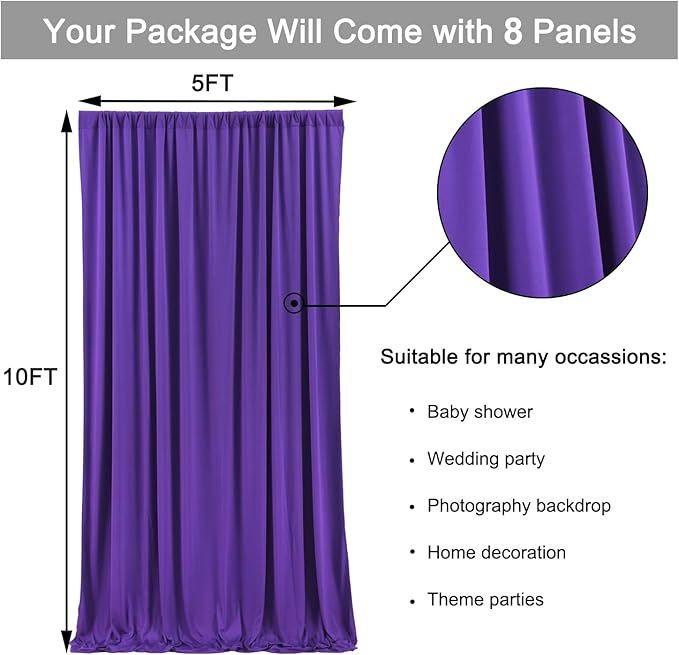 Backdrop Curtain, Purple Polyester, 8 Panels, 40 ft x 10 ft Wrinkle-Free