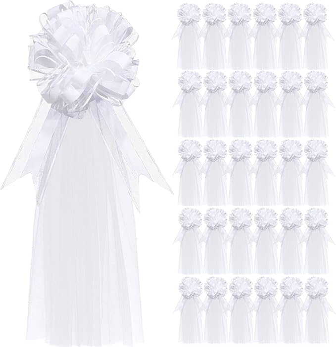 Gift Wrap Bows, 30 Pack White Striped Tulle with Long Tails