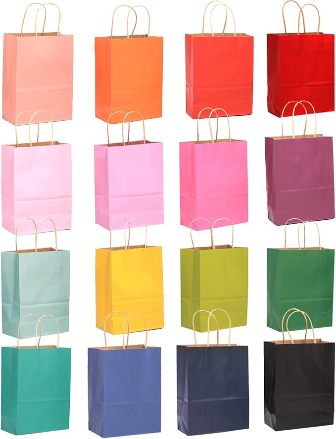 qiqee 200Pcs Paper Gift Bags with Handles - 10.6"x8.3"x4.3" Medium Party Favor Bags Multiple Uses - 16 Solid Colors