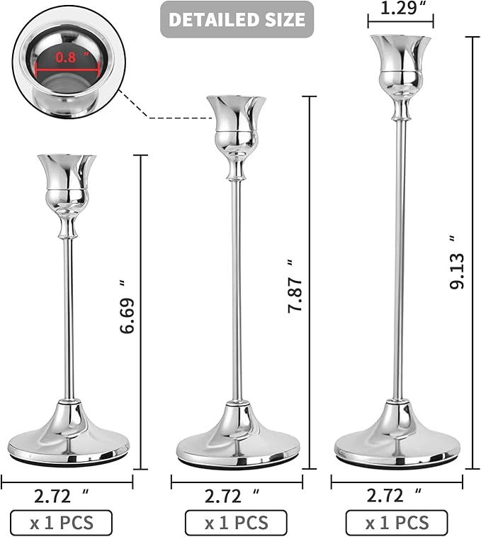 CHILL RECIPE Silver Taper Candle Stick Holders Tall Candle Holder, Vintage Candlesticks Holder Bulk for Home Decor Table Centerpiece Dining Party Festival Decorations(1 Set 3Pcs)