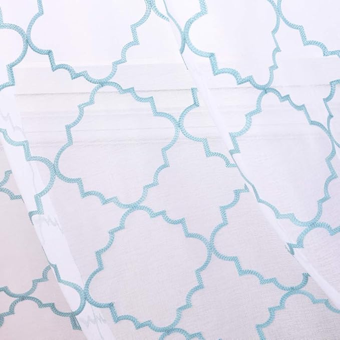 Embroidery Sheer Curtains Blue 63 Inch, Rod Pocket Voile Drapes for Living room, Bedroom, Window Treatments Moroccan Embroidery Semi Crinkle Curtain Panels for Yard, Patio, Villa, Set of 2, 52"x 63".
