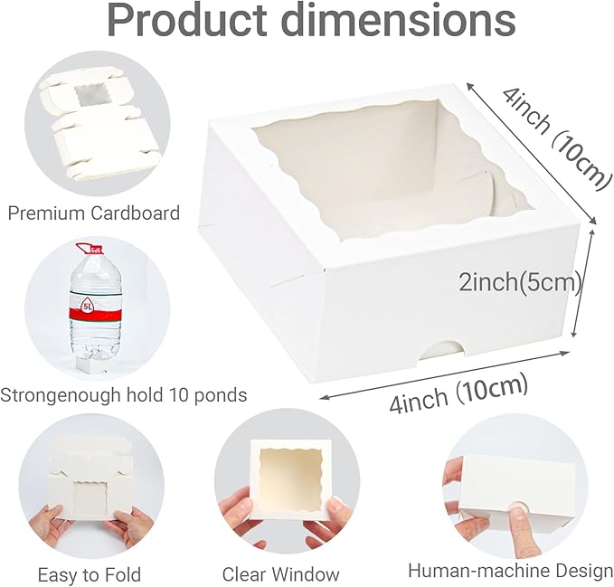 100-Pack 4X4X2 Elegant White Bakery Boxes - Treat/Cookie/Truffle Boxes for Mini Cakes, Pies & Cinnamon Rolls - Wedding Party Favor Packaging