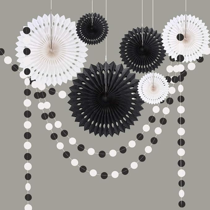 Cheerland Black White Party Decorations Hanging Paper Fans Garland Kit Gothic Decor Wedding Decoration Halloween Birthday Backdrop Baby Shower Goth Casino Emo Spooky Haunted House Party Supplies