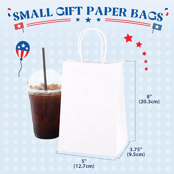 Gift Bags 300 Pack White Kraft Paper Bags with Handles, 8 Inch Tall