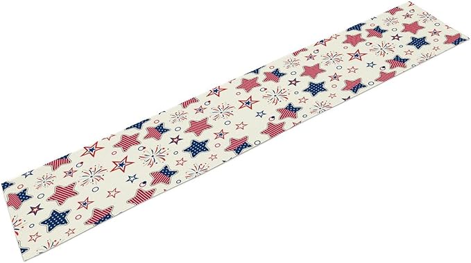 4th of July Table Runner, American Patriotic Independence Day Red Blue White Stars Stripes Fireworks Print Table Runner for Home Party Decor Kitchen Dining Table, 13x60inch
