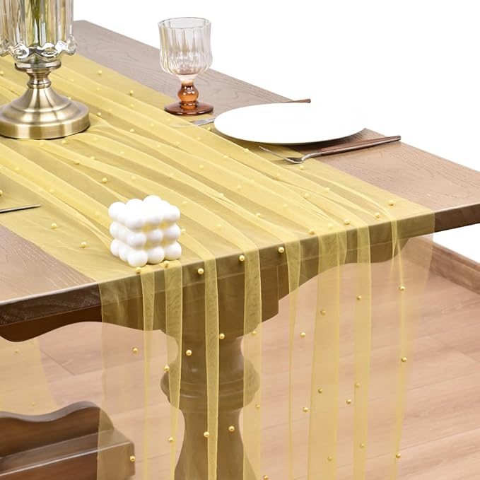 Joanlody Fall Pearl Table Runner 10ft Rustic Boho Tulle Table Runner with Pearls for Baby Shower Wedding Party Veil Dessert Thanksgiving Table Decor Yellow