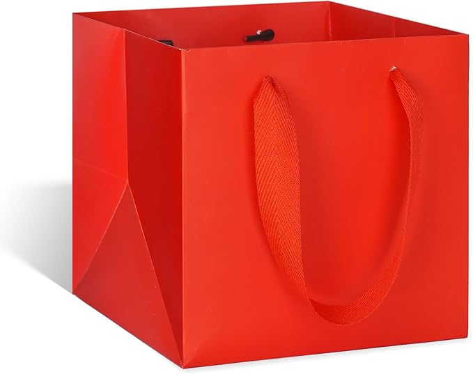 Gift Bags, Red Paper, 12x12 Inch Square Bottom with Handles, Pack of 10