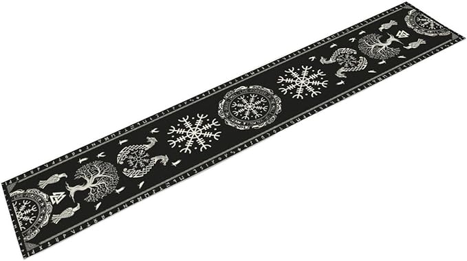 Ancient Abstract Pattern Table Runner, Tree of Life Eagle Dragon Boat Rudder Black and White Table Runner 13x108 Inch