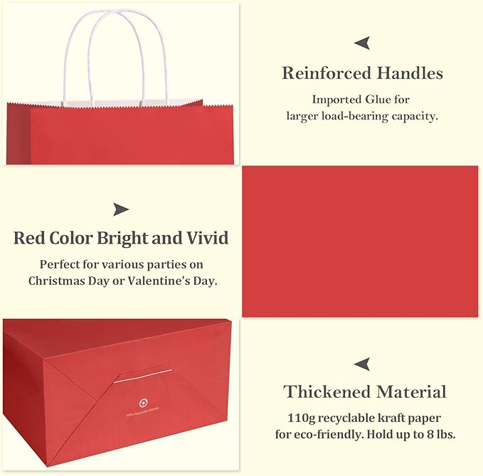 Gift Bags, Red Paper, 100 Count, 8 x 4.25 x 10.5 Inch