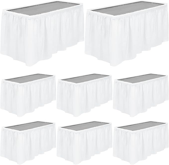 TURSTIN 8 Pieces White Plastic Table Skirts 14 Feet x 29 Inch for Rectangle Tables Fitted Tablecloth Disposable Table Cover for Birthday Party, Events, Banquette Baby Shower