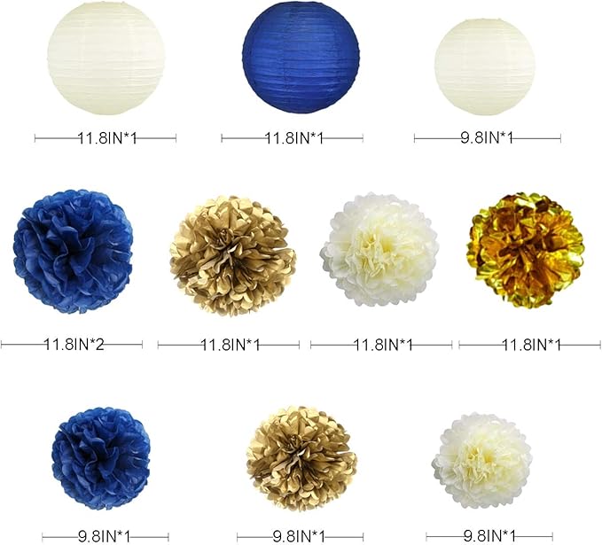 Banners Party Decor Kit in Navy Blue and Gold, 40 Pieces, Paper Lanterns