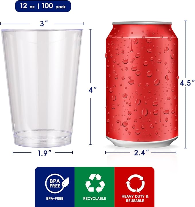 Clear Disposable Heavy-Duty Plastic Cups, 12 oz, 100 Count