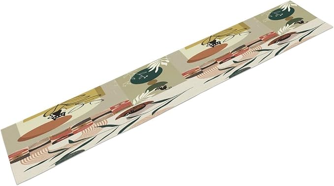 Mid Century Table Runner,Abstract Boho Plant Leaf Botanical Cat Modern Geometric Pattern Print Burlap for Hotel Indoors Outdoor Dining Room Kitchen Home Decor, 13x60in