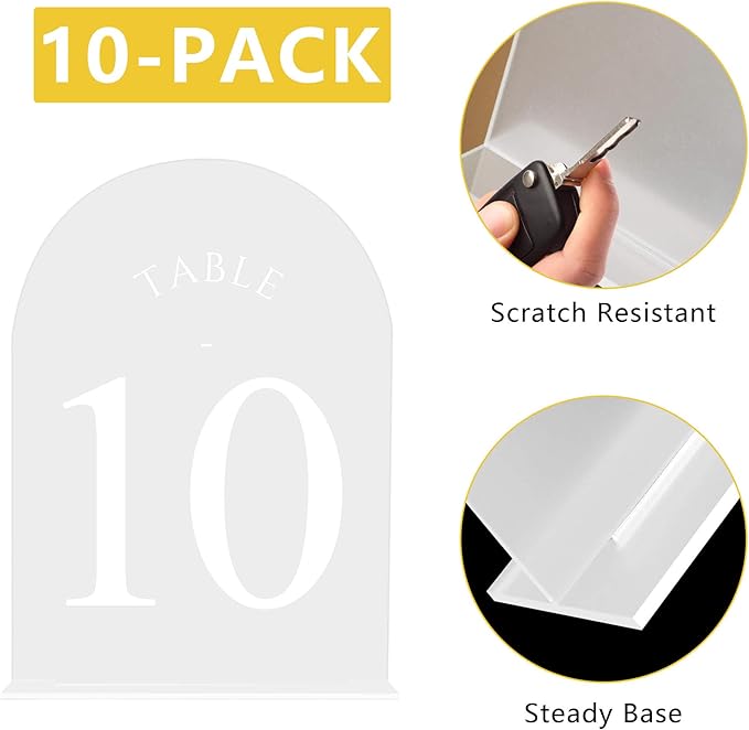 JOYIT Frosted Arch Wedding Table Numbers 1-10 with Stands – 5" X 7" Acrylic Sign Table Number Holders, Perfect for Wedding Receptions, Parties, Anniversaries, and Events