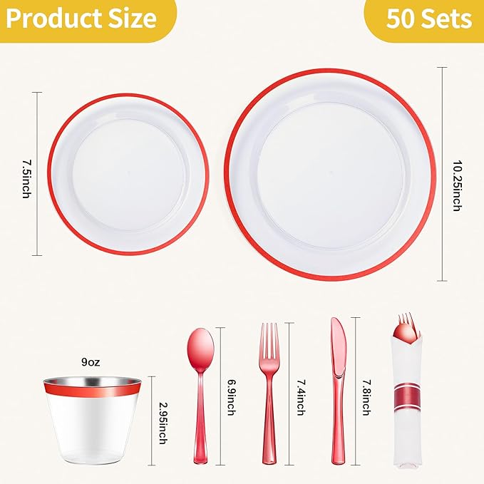 Plates Set for 50 Guests, Red Rim Plastic with Dinner and Salad Plates