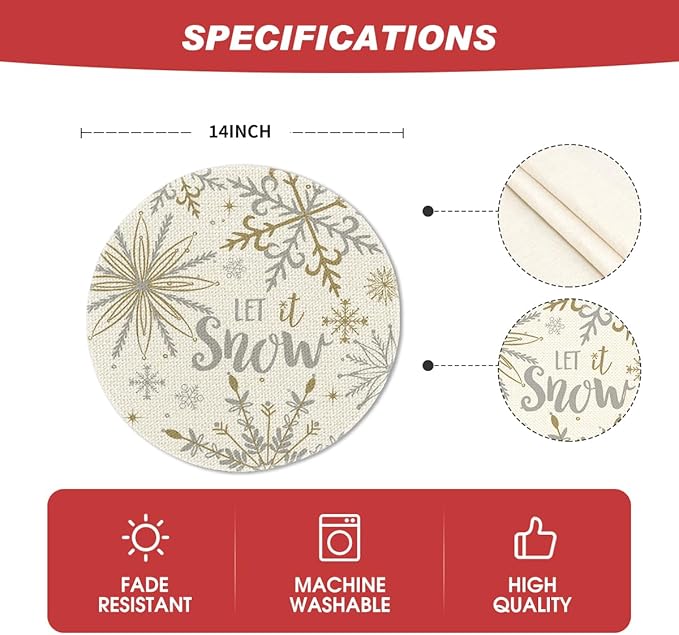 Artoid Mode Beige Snowflake Let It Snow Winter Placemats Set of 6, 14 Inch Seasonal Christmas Xmas Round Table Mats for Dining Decoration