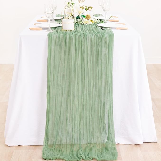 12Pcs Sage Green Cheesecloth Table Runner 120 Inch Green Cheesecloth Table Runner10FT Sage Table Runner Boho CheeseClothTable Runner forWedding Party Baby Shower Birthday Home Decor HolidayDecorations