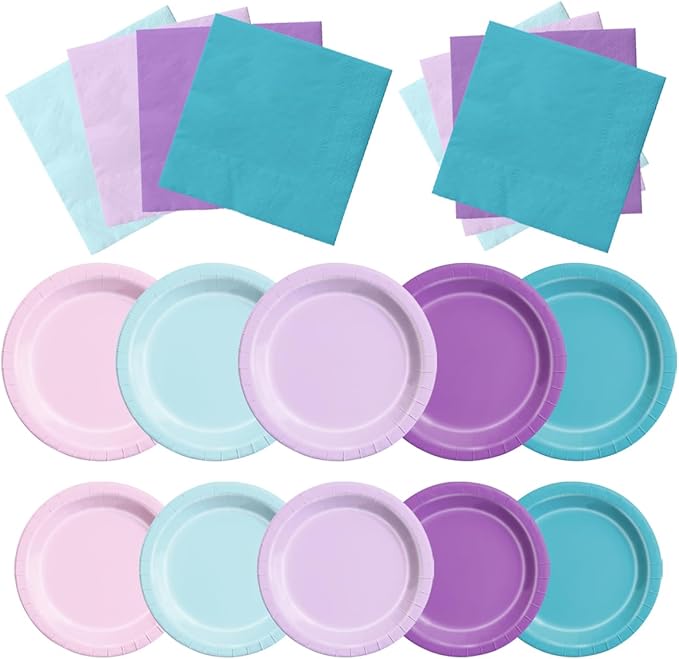 Party Packs: Mermaid Paper Plates and Napkins, 60 Count, 5 Plate Colors
