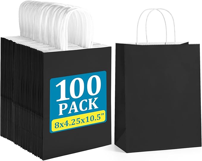 Gift Bags with Handles, 100 Count Black Paper, 8 x 4.25 x 10.5 Inches