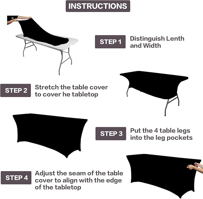 IVAPUPU 2 Pack 8FT Table Cloth for Rectangular Fitted Events Stretch Black Table Covers Washable Spandex Tablecloth Protector for Party, Wedding, Cocktail, Banquet, Festival