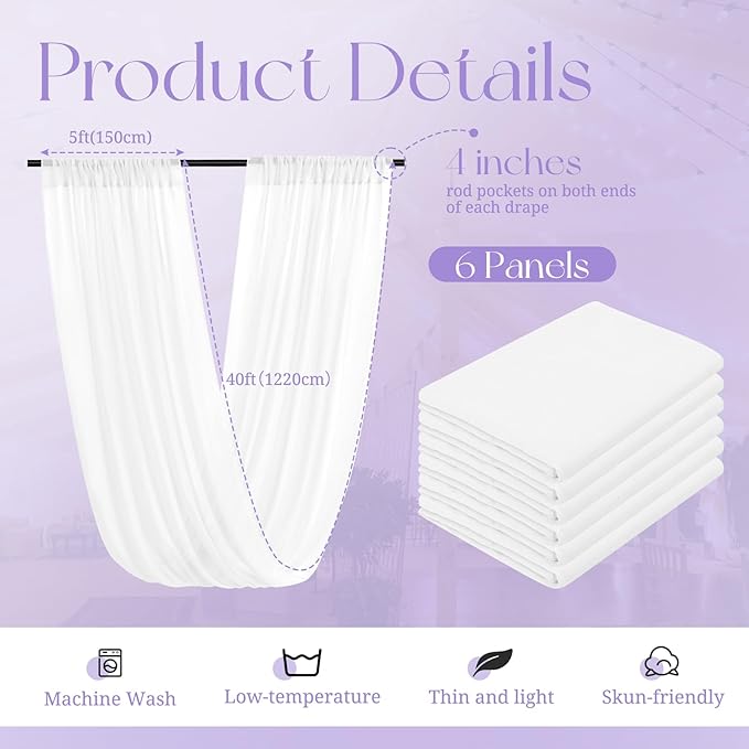 6 Panels White Ceiling Drapes for Wedding, 5ftx40ft Ceiling Drapes Cheesecloth Sheer Fabric Curtain Wedding Arch Draping Fabric Romantic Ceiling Decorations for Wedding Party Ceremony Stage