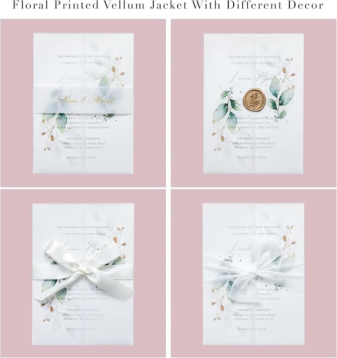 PONATIA 50PCS Vellum Jackets for 5x7 Invitation Cards - 135GSM Green Leaves Vellum Sleeves, 5x7'' Clear Jackets Wedding Invitations Wraps - Transparent Card Jackets
