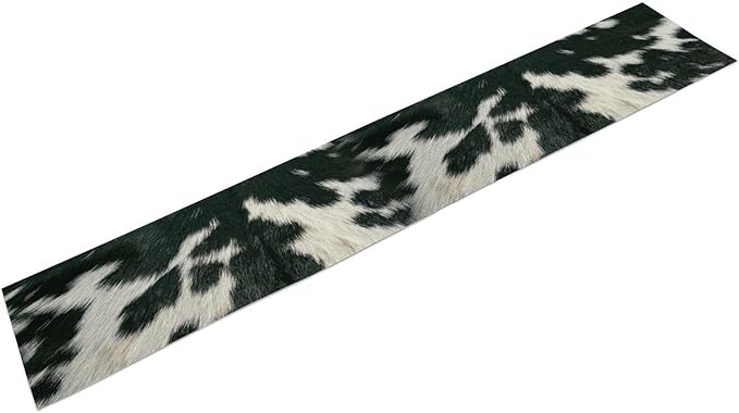 Cow Skin Print Table Runner, Rustic Country Farm Fur Skin Cowhide Pattern Western Style Black White Print Table Runner for Home Kitchen Dinning, 13x70 Inch