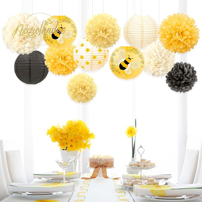 Tissue Pom Poms and Paper Lanterns, 12 Pieces, Yellow Bee Design