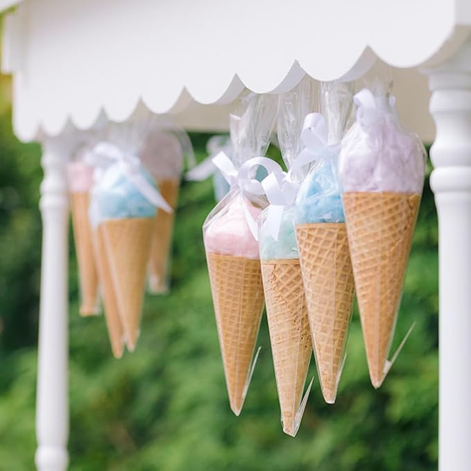 EKAPACKAGING 100Pcs 6x10 Inches Clear Cone Shaped Treat Cellophane Bags Twist Tie Triangle Christmas Party Favor Cotton Candy Bags With Ties For Popcorn, Chocolates, Ice Cream Cone