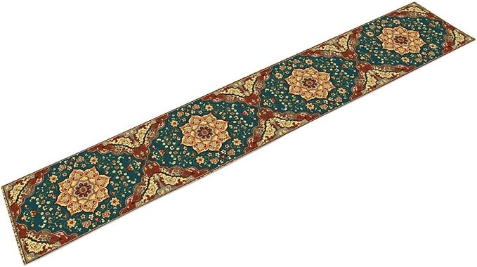 Boho Rich Table Runner, Vintage Blue Teal Gold Retro Flower Rustic Country Style Floral Print Pattern for Home Kitchen Table Decor Dining Coffee Room Garden Party Decor 13x120in