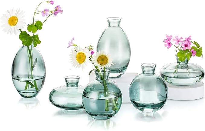 Glass Bud Vases Set of 6, Hewory Cute Green Small Vases Handmade, Mini Glass Flower Vase for Floral Arrangements, Tiny Centerpiece for Home Office Wedding Party Events Table Decor (Not Include Flower)