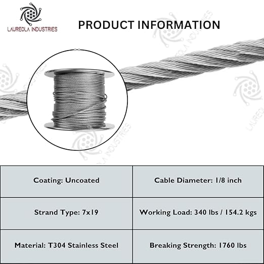 Laureola 1/8" 7x19 Stainless Steel Aircraft Wire Rope 304 Grade (200ft)
