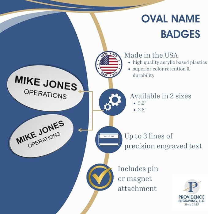 Custom Engraved Name Tag Badges – Personalized Identification with Pin or Magnetic Backing, 3.2 Inch Oval, Radiant Silver/Black