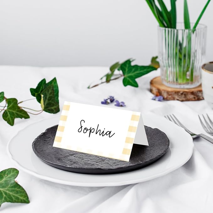 25 Pack Yellow Border Place Cards, Editable Name Cards for Table Setting, Tent Cards Food Label for Dinner Party, Bridal Shower, Wedding, Baby Shower and Events -T03