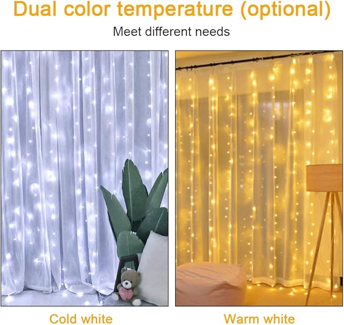 Vicloon Fairy Curtain Lights, Warm White LED 8 Mode 9.8x9.8Ft Waterproof Curtain String Lights for Indoor/Outdoor, Powered by USB with Remote Control