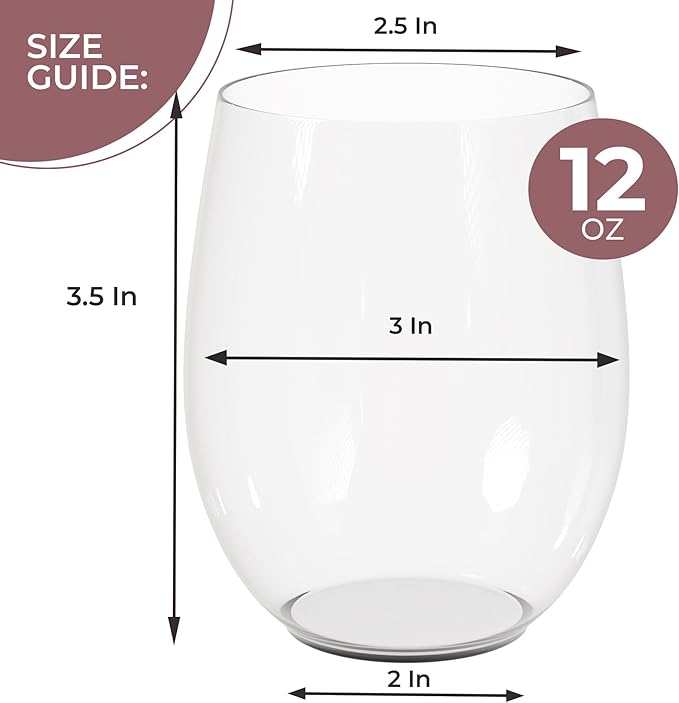 Stemless Plastic Wine Glasses, 48 Pack, 12 oz Clear Unbreakable Party Cups
