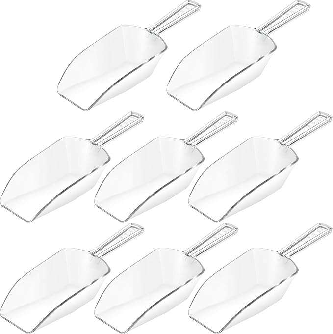Hestya 8 Pcs Christmas Multi Purpose Clear Plastic Scoops for Candy Buffet Acrylic Kitchen Ice Food Popcorn Scoops for Protein Powders, Ice Cream, Coffee, Tea Jar (6.7 Inch)