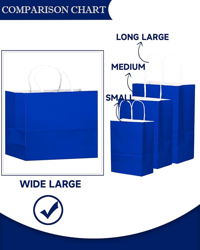 qiqee 50-Packs Diamond Blue Paper Gift Bags with Handles Bulk 12.6"x4.3"x10" Wide Large Size Party Favor Bags Multiple Uses
