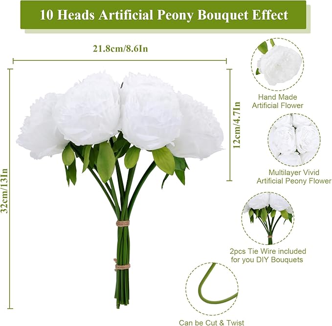 U'Artlines Artificial Peony Silk Flower with Stems 10pcs Real Look Vintage Peonies for Home Wedding Decoration(Pure White)