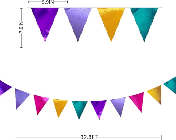 Colorful Party Decorations Hot Pink Teal Purple Metallic Fabric Triangle Pennant Banner Flag Bunting for Fiesta Carnival Rainbow Multi-color Birthday Wedding Baby Shower Holiday Outdoor Party Supplies