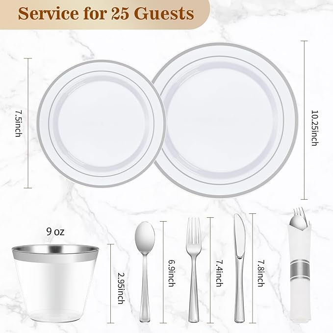 BESTVIP 175PCS Silver Plastic Dinnerware Set, Disposable Party Plates for 25 Guests, Include: 50 Plastic Plates, 25 Pre Rolled Napkins with Silver Silverware, 25 Cups for Christmas, Halloween