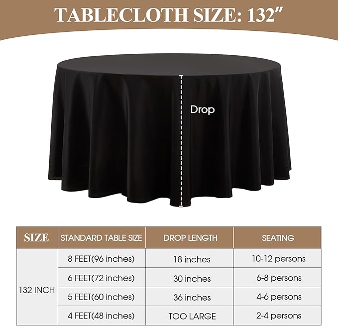 Tablecloths: Round Black Polyester, 132 Inch, 6 Pack Set