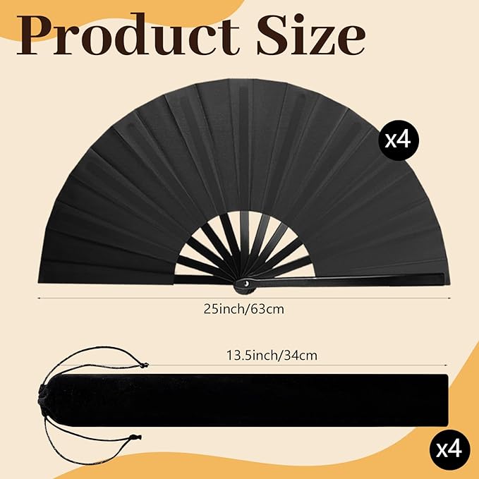 4PCS Large Chinese Folding Fans with 4 Fan Sleeves, Chinese Kung Fu Tai Chi Fans, Clacking Fans for Line Dancing, Popping Fans for Line Dancing for Adult(Black)