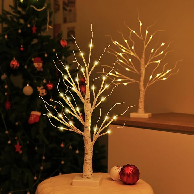 2FT Lighted Birch Tree,Christmas Decorations for Indoor,Table Top Christmas Trees with Lights,Dual Power USB or Battery,Lighted Tree for Winter Holidays Halloween Wedding Decor Set of 2