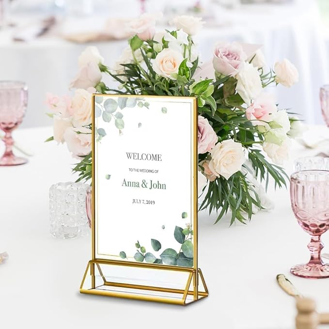 20PCS Acrylic Sign Holder, 5x7 Double Sided Gold Picture Frame Clear Wedding Table Numbers for Party, Restaurant Sign, Menu, Photo