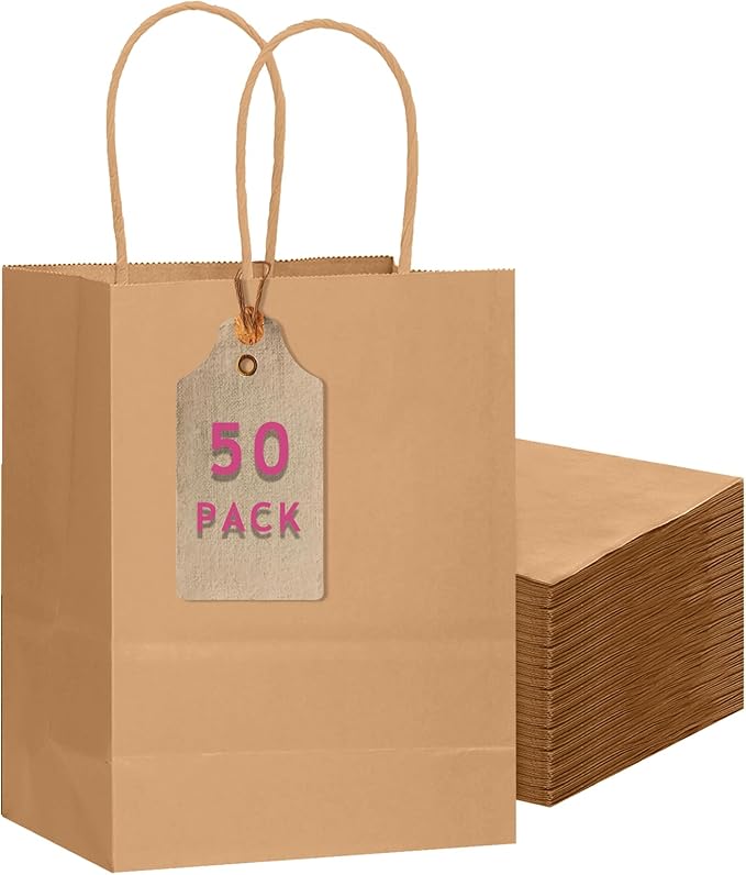 qiqee 50-Packs Brown Paper Gift Bags with Handles Bulk 11"x8.3"x4.3" Medium Size Paper Bags Multiple Uses